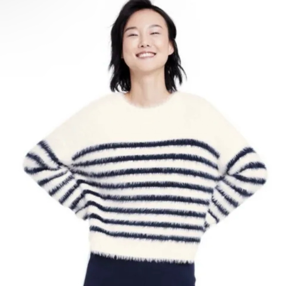 La Ligne Target Womens Fuzzy Yarn Striped Crewneck Sweater Blue White Sz XS NWT